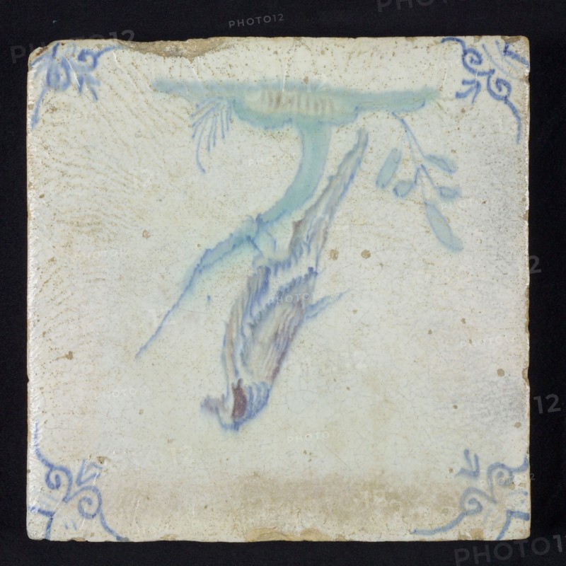 Animal tile, multicolored on white, bird on branch, corner pattern ox head, baking defect, wall tile tile sculpture ceramic