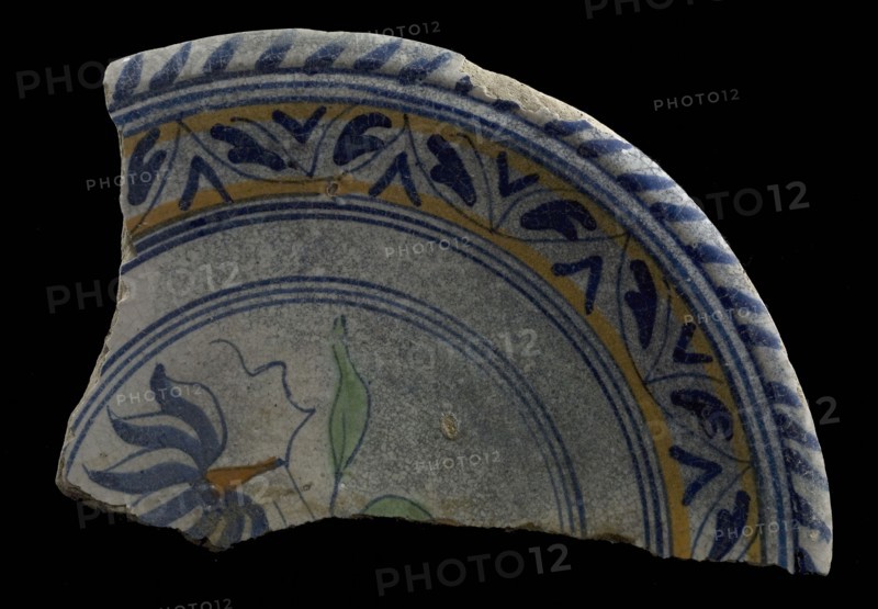 Fragments majolica dish, polychrome, flower on the ground and cable edge, plate crockery holder soil find ceramic earthenware
