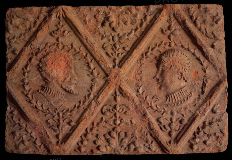 Hearthstone, from Antwerp Belgium, without frame, with male and female head, hearth fireplace part ceramic brick, baked Hearth