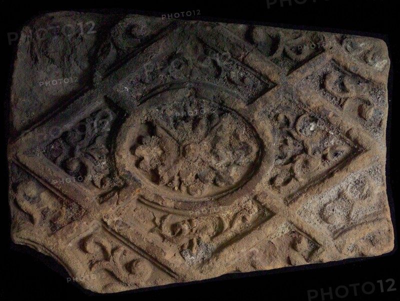 Hearthstone, from Antwerp Belgium, without frame, with rosette in window, hearth fireplace component ceramics brick, baked