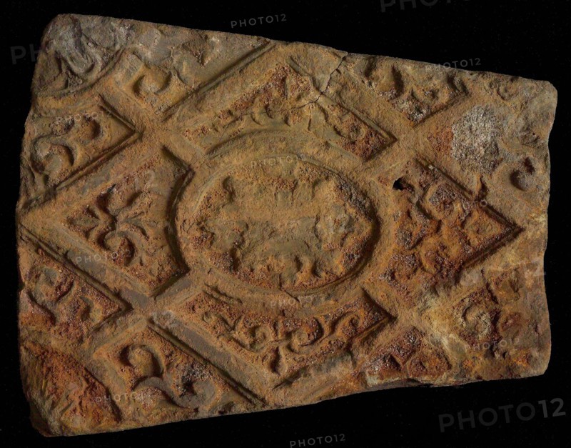Hearthstone, from Antwerp Belgium, without frame, with rosette in window, fireplace stone part ceramic bricks, baked Hearth