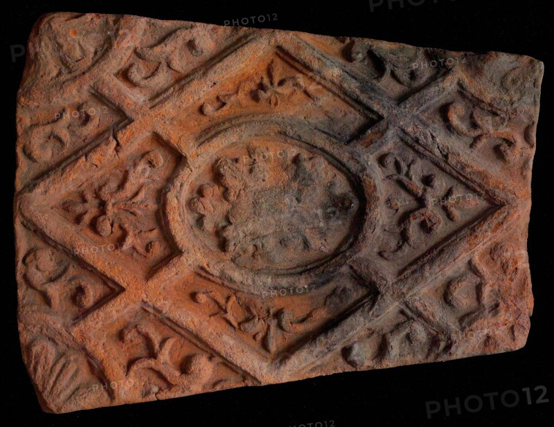 Hearthstone, from Antwerp Belgium, without frame, with rosette in window, fireplace hearth part ceramic brick, fired Hearth