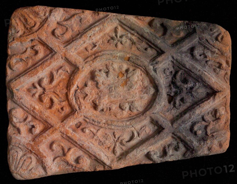 Hearthstone, from Antwerp Belgium, without frame, with rosette in window, hearth fireplace part ceramic brick, baked Hearthstone