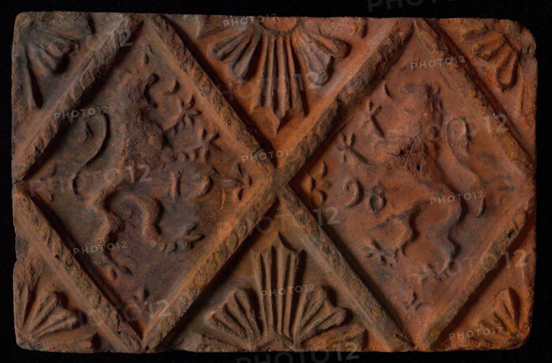 Hearthstone, from Antwerp Belgium, without frame, with lions and year, fire stone fireplace component ceramics brick glaze