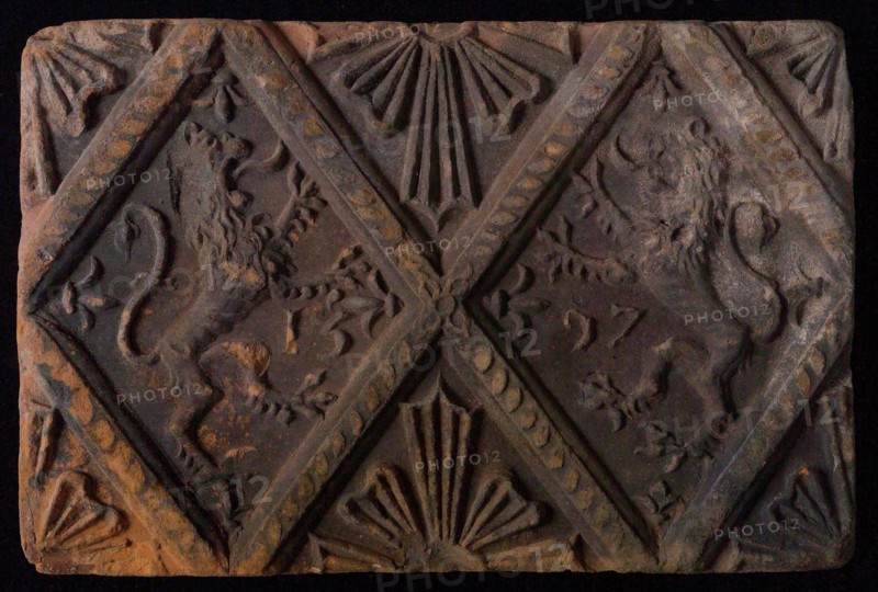 Hearthstone, from Antwerp Belgium, without frame, with lions and year, hearth fireplace part ceramics brick, baked Hearth