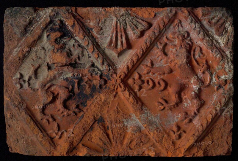 Hearthstone, from Antwerp Belgium, without frame, with lions with year, hearth fireplace component ceramics brick glaze, fired