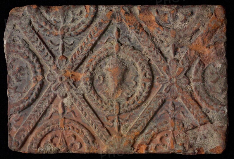 Hearthstone, from Antwerp Belgium, without frame, with male head, hearth fireplace part ceramic brick, baked Hearth stone