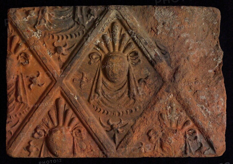Hearthstone, from Antwerp Belgium, without frame, with mascaron, hearth fireplace component ceramics brick, baked Hearth stone