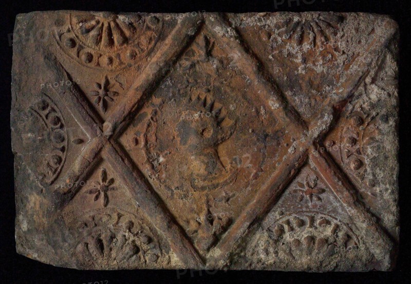 Hearthstone, from Antwerp Belgium, without frame, with crowned male head, hearth fireplace component ceramics brick, baked