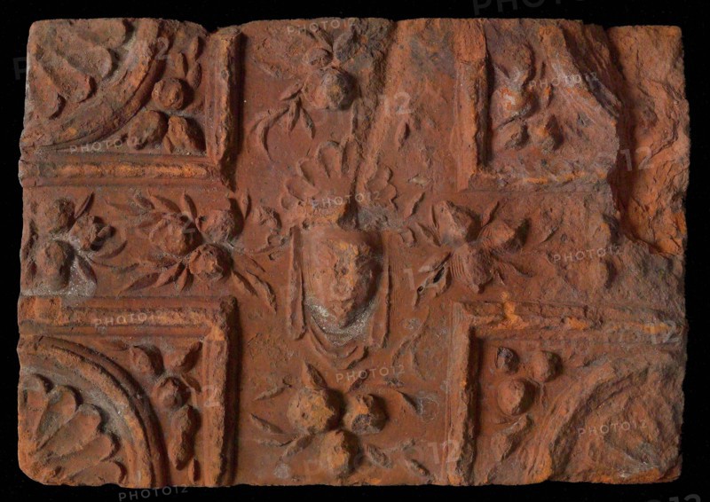 Hearthstone, from Antwerp Belgium, without frame, with mascaron, fire stone fireplace component ceramics brick, baked Hearth