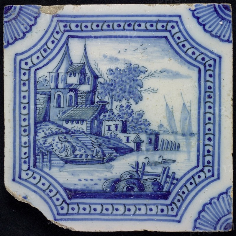 F.J. Kleyn, Scene tile, landscape with castle, corner motif quarter rosette, wall tile tile sculpture ceramic earthenware glaze