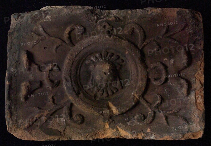 Hearthstone, from Antwerp Belgium, without frame, with mascaron, hearth fireplace component ceramics brick, baked Hearth stone