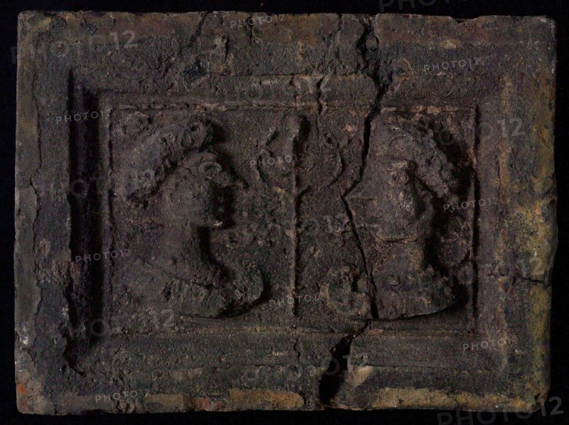 Hearthstone, Luiks, from Luik, Liege Belgium, with wide frame, with male and female head, hearth fireplace part ceramics brick