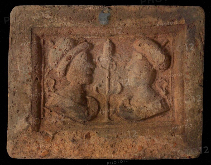 Hearthstone, Luiks, from Luik, Liege Belgium, with wide frame, with male and female head, hearth fireplace part ceramic brick