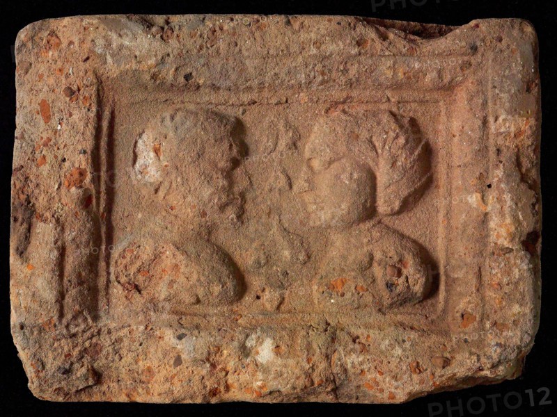 Hearthstone, Luiks, from Luik, Liege Belgium, with wide frame, with male and female head, hearth fireplace component ceramics
