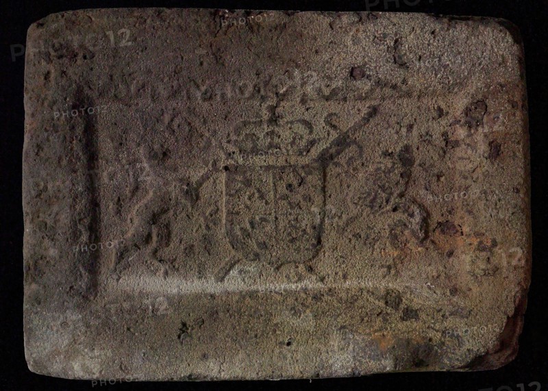 Hearthstone, Luiks, from Luik, Liege Belgium, with wide frame, with coat of arms, fireplace hearth part ceramics brick, baked