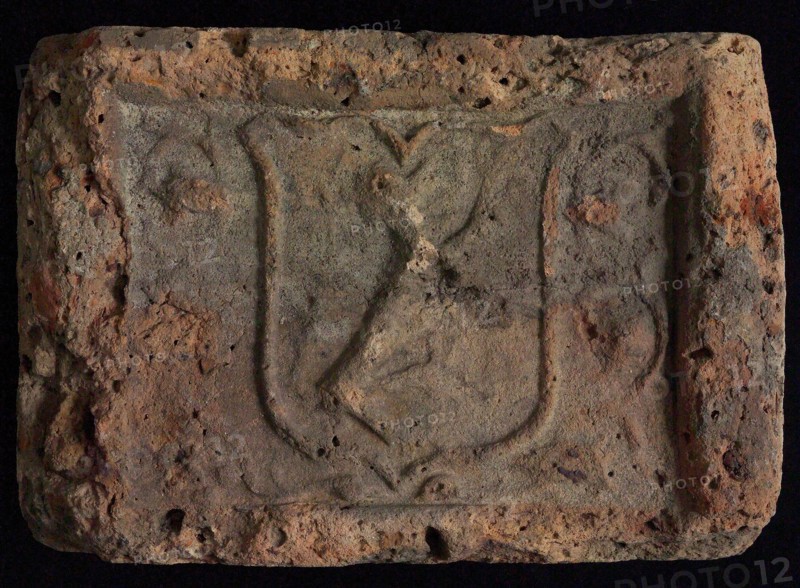 Hearthstone, 'Liege', with wide frame, with escutcheon with climbing lion, hearth fireplace component ceramics brick, fired