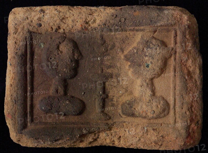 Hearthstone, Luiks, from Luik, Liege Belgium, with wide frame, with male and female head, hearth fireplace part ceramic brick