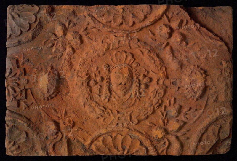 Hearthstone, from Antwerp Belgium, without frame, with mascaron, fireplace stone component ceramics brick, baked Hearth stone