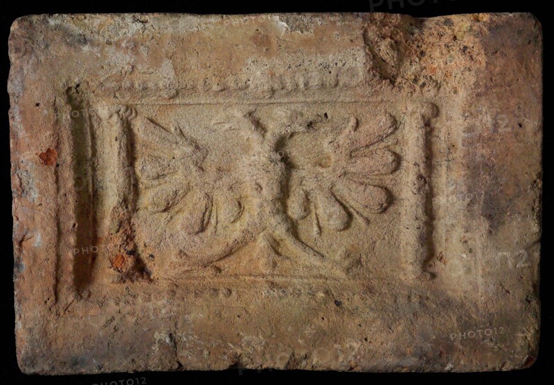 Hearthstone, Luiks, from Luik, Liege Belgium, with wide frame, with two-headed kingdom eagle, hearth fireplace part ceramics