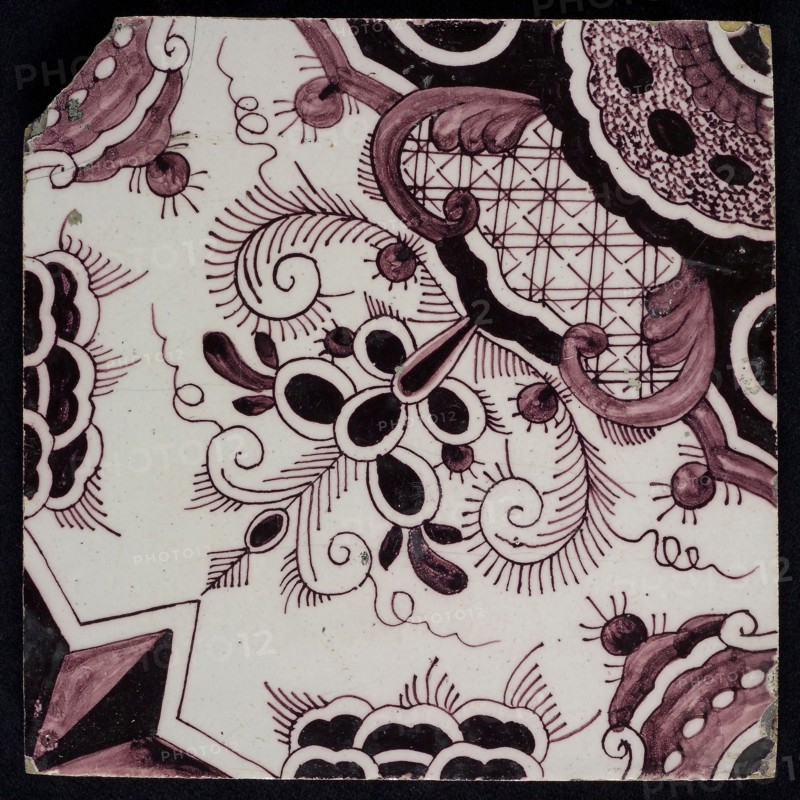 F.J. Kleyn, Ornament tile, symmetrical leaf work, corner motif quarter rosette, wall tile tile sculpture ceramic earthenware