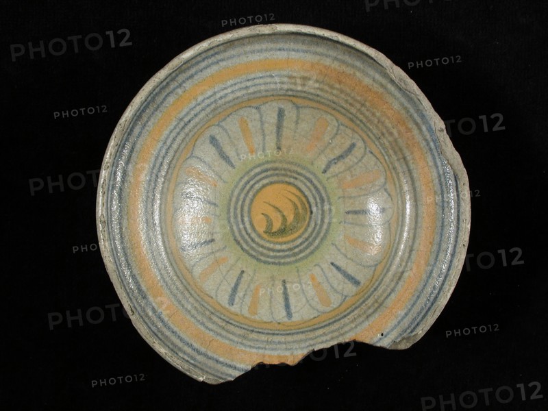AP, Majolica salt bowl, polychrome, in the middle rosette, signed, salt bowl salt barrel tableware holder soil find ceramic