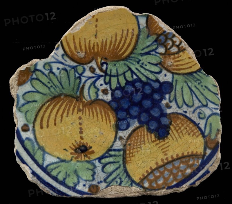 Fragment majolica dish, polychrome, decor of grapes, apples and pomegranates, plate crockery holder soil find ceramic