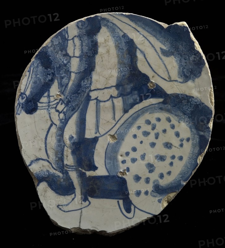 Fragment majolica plate, blue on white, rider on fungus, plate dish crockery holder soil find ceramic earthenware glaze, baked
