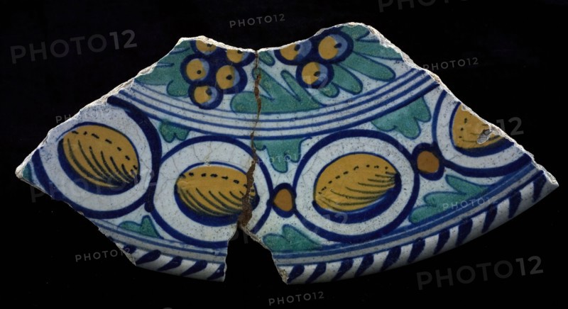 Edge fragment majolica dish, polychrome, grapes, egg edge with cable edge, plate crockery holder soil find ceramic earthenware