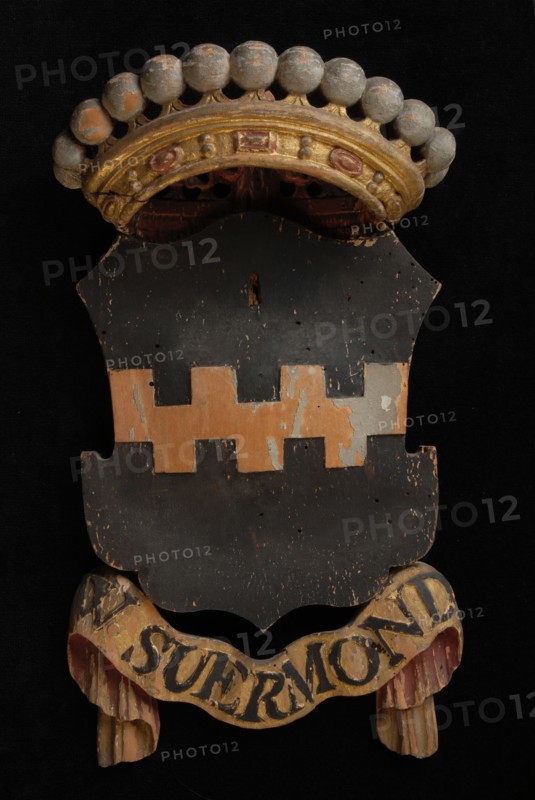 Carved wooden crowned coat of arms including the name W. Suermond, coat of arms information form woodcarving sculpture footage