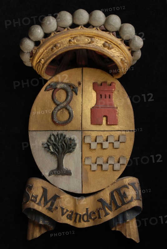 Carved wooden crowned coat of arms including the name S.M. Van der Mey, coat of arms information form wood carving sculpture