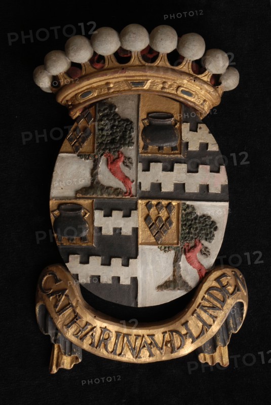 Carved wooden crowned coat of arms including the name Catharina vd Linden, coat of arms informative form carvings sculpture