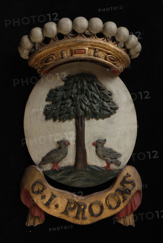 Carved wooden crowned coat of arms including the name G.I. Proons, coat of arms information form wood carving sculpture