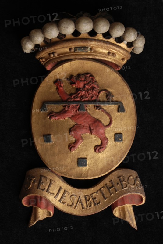 Carved wooden crowned coat of arms including the name J. Eliesabeth Bos, coat of arms information form carvings sculpture