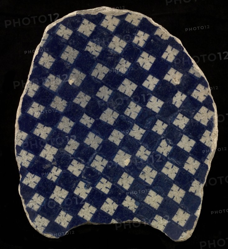 Fragment majolica plate, blue on white, chessplate decor, plate crockery holder soil find ceramic earthenware glaze, baked