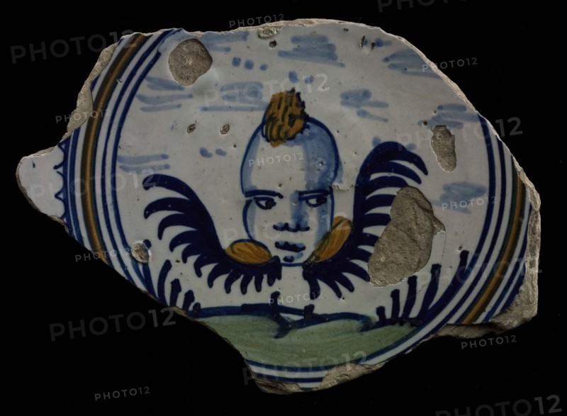 Fragment majolica plate, polychrome, winged cherub head, floating above ground, plate crockery holder soil find ceramic