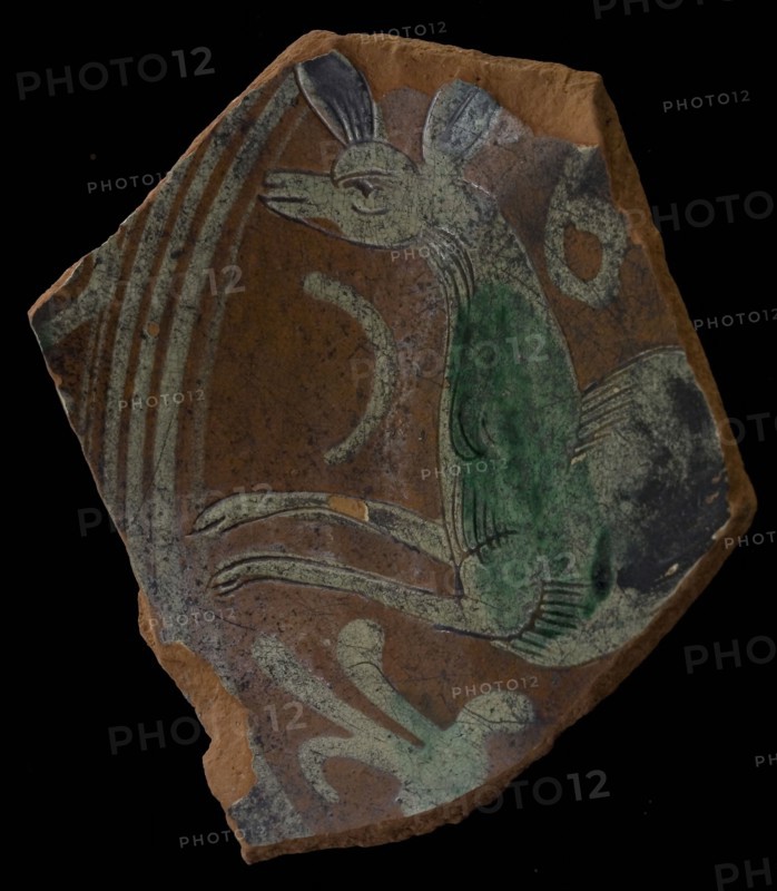 Fragment Werra bowl, mirror decor deer, year 16 ??, light yellow and green glaze, bowl crockery holder earth discovery ceramics