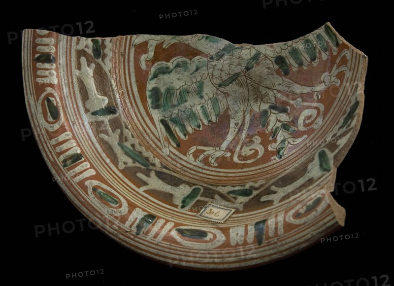 Fragment Werra bowl, mirror decor with bird, pale yellow, brown and green glaze, two edge decors, bowl bowl crockery holder