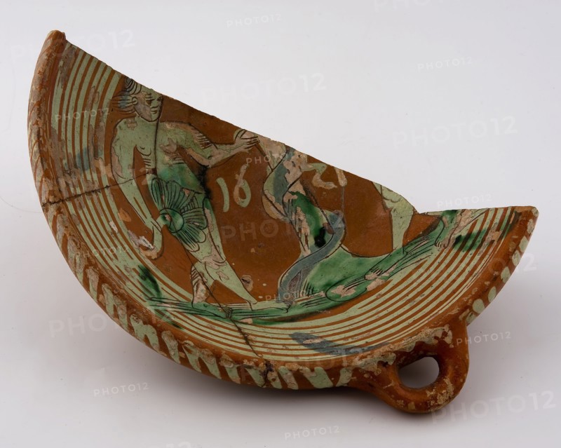 Fragment Werra, large bowl with ears, mirror decor paradise with Adam, Eve and snake in tree, year 1621, pale yellow, blue and