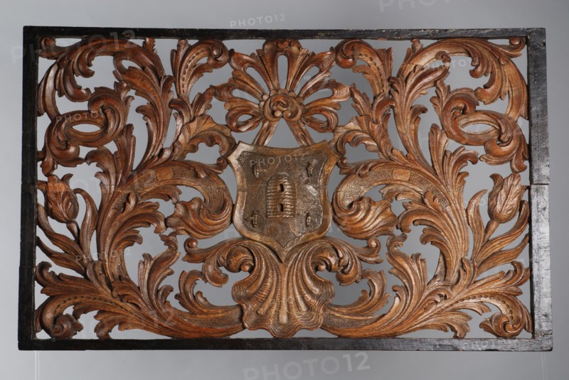 Skylight with carved leaf motifs, curling round coat of arms showing beehive and four bees, cutting frame light wood carving