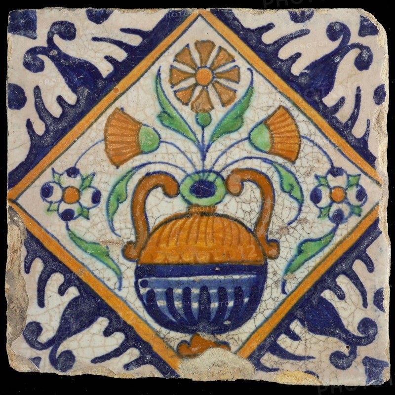 Multicolored tile with flowerpot in square, with palm corner in saving technique, wall tile tile sculpture ceramic earthenware
