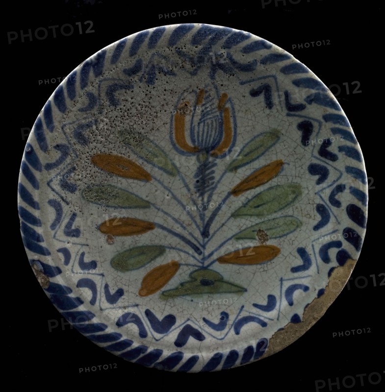 Majolica dish with polychrome tulip as representation, rope pattern along the edge, plate crockery holder soil find ceramic