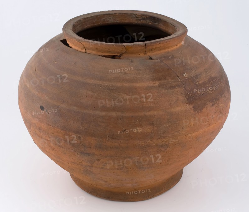 Earthenware storage jar on stand, egg-shaped, short upright neck, storage jar pot holder soil found ceramic earthenware, hand