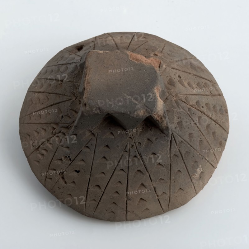 Dover with square button decorated in carving technique, three incised birds, damper heating earth finding ceramic earthenware