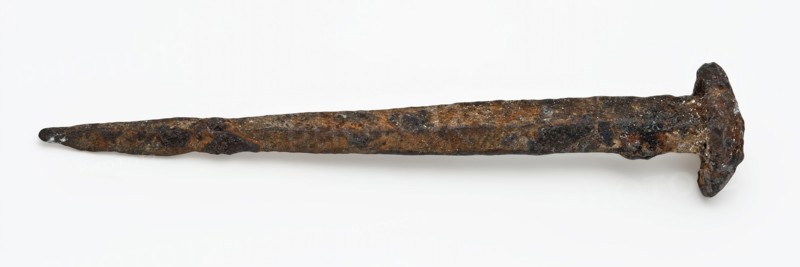 Nail with square head, wrought iron, nail fastener bottomfound iron metal, forged Iron nail Square cross-section tapered