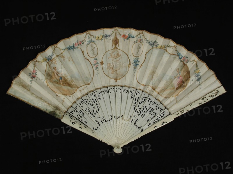 Folding fan with ivory frame and painted parchment leaf with rococo motifs, pastoral scene and chinoiserie, impeller folding