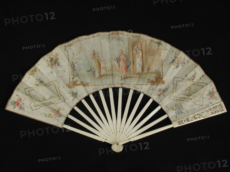 Folding fan with bone frame and multicolored painted front and back cover with biblical representation, Jacob and Hagar, church
