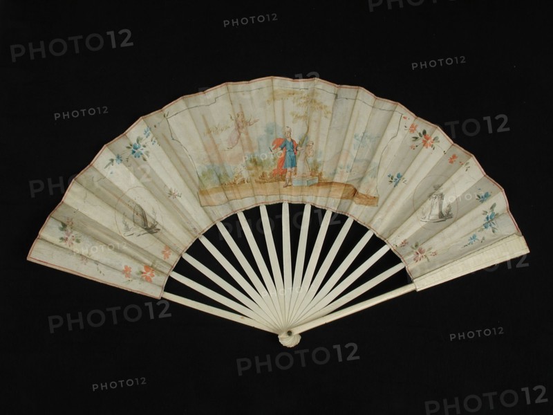 Folding fan with bone frame and multicolored painted paper cover and back cover with biblical representation, church fan folding