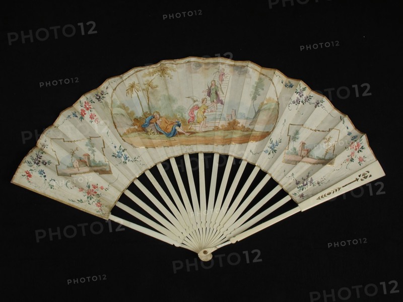 Folding fan with ivory frame and multicolored painted parchment cover page with biblical representation, Jacob and the ladder