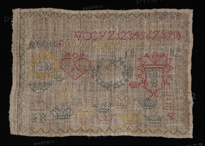 Sampler worked in cross-stitch in colored silk on loosely untreated linen, marked SB IEB 1802, sampler embroidery needlework
